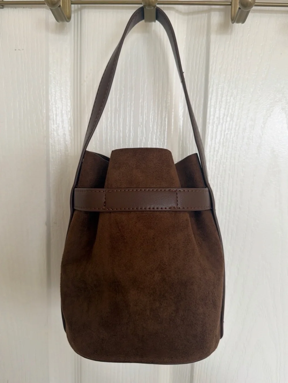 Anthropologie Brown faux suede bucket bag with leather strap and leather pouch